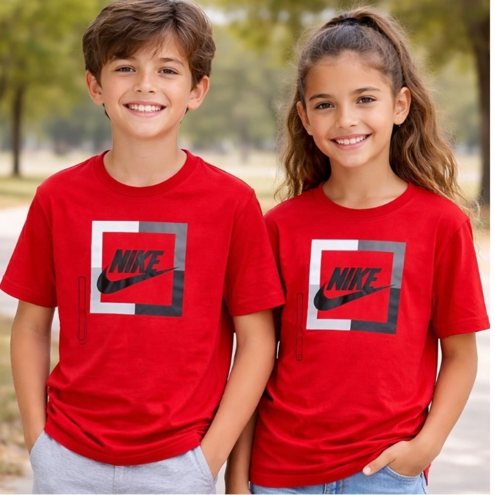 NWT Kids Nike Red Short-Sleeve Tee with Black Logo Graphic Size L